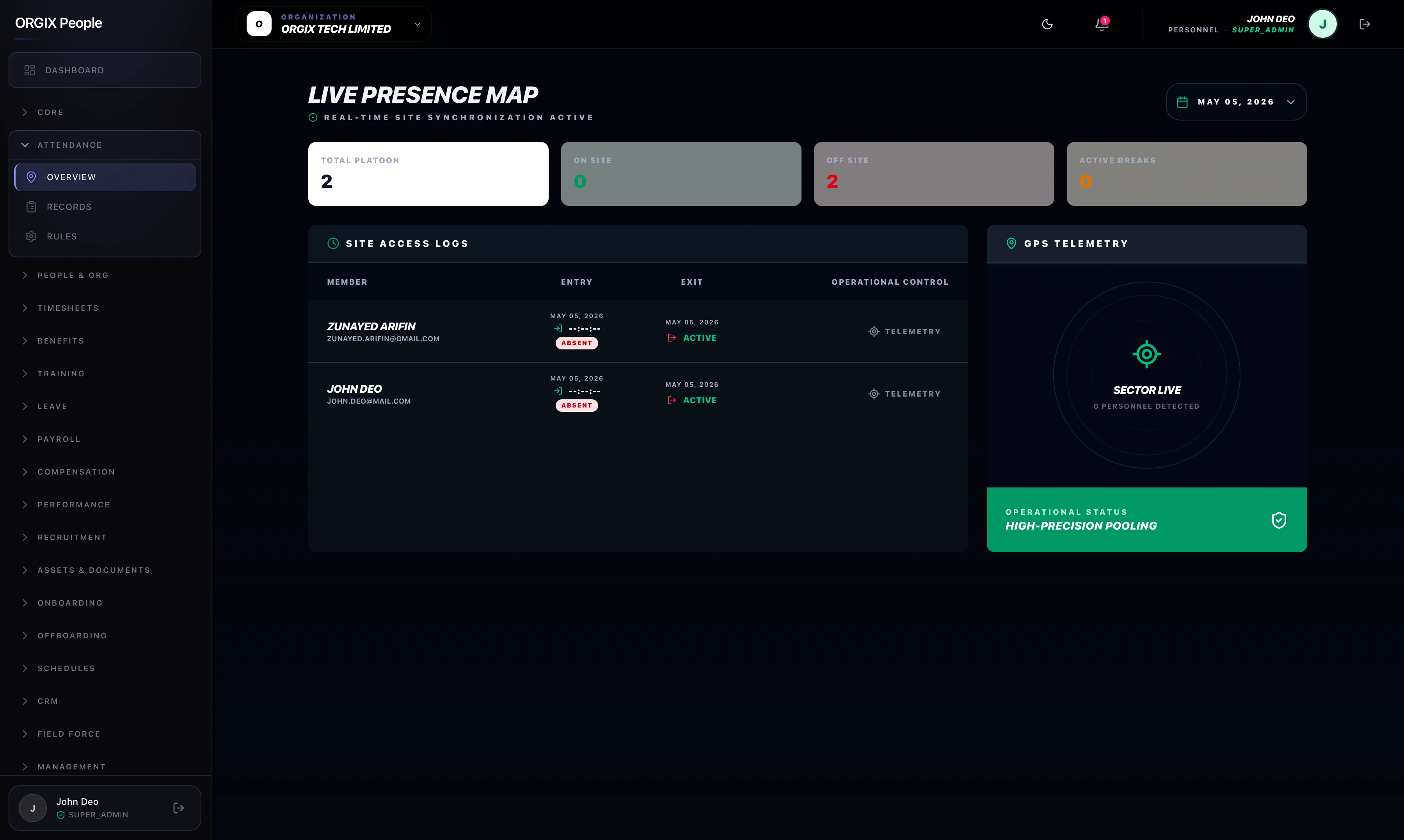 Orgix attendance dashboard with team check-in status and monthly summary