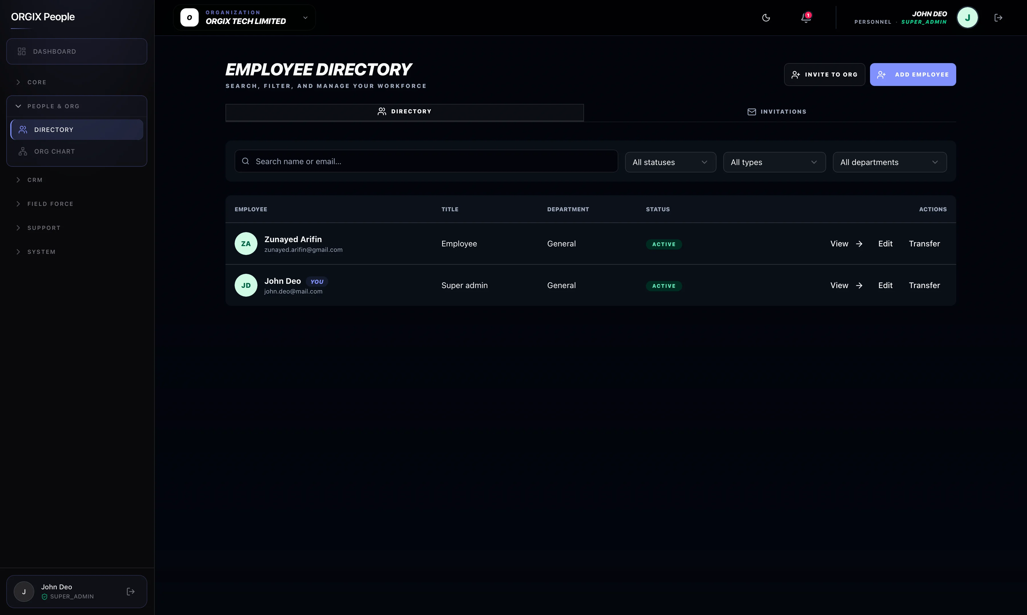 Orgix employee directory showing departments, job titles, and org chart